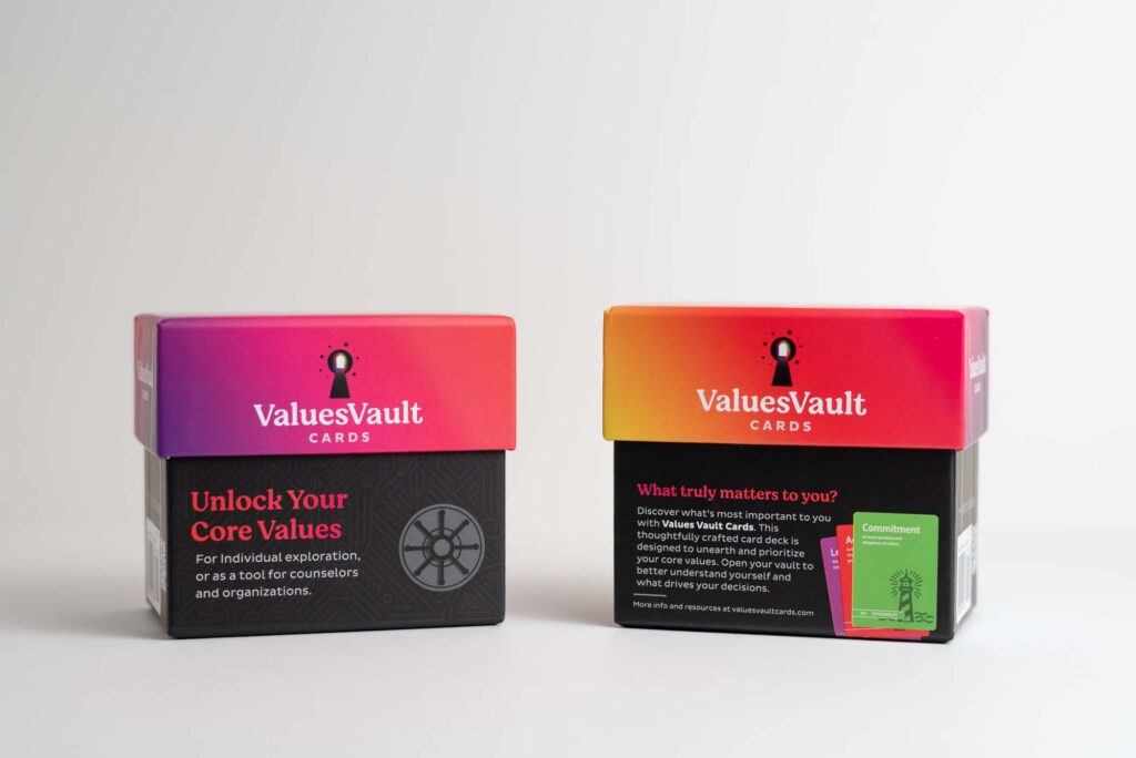 Front and back shot of the Values Vault values sort deck.