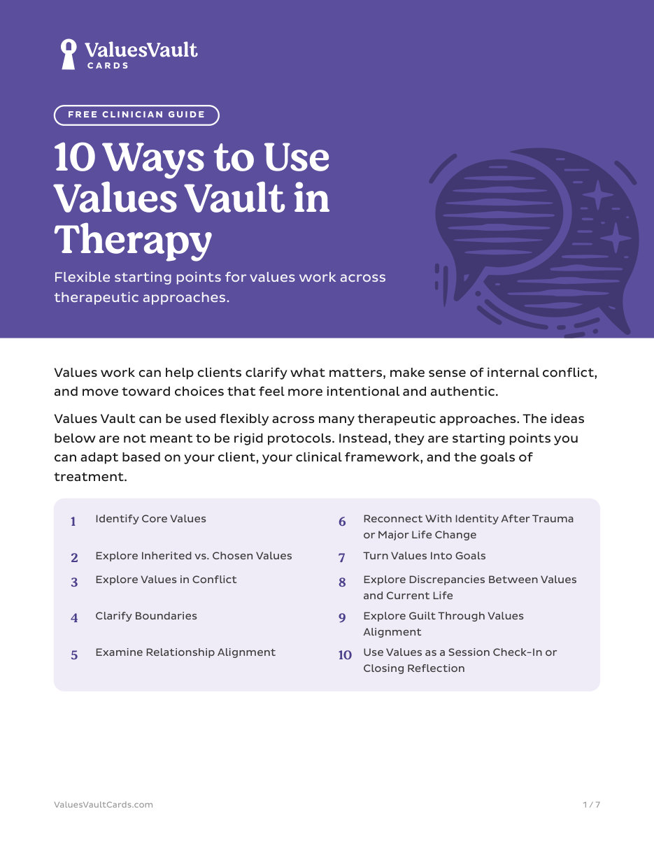 Cover of the 10 Ways to Use Values Vault in Therapy guide