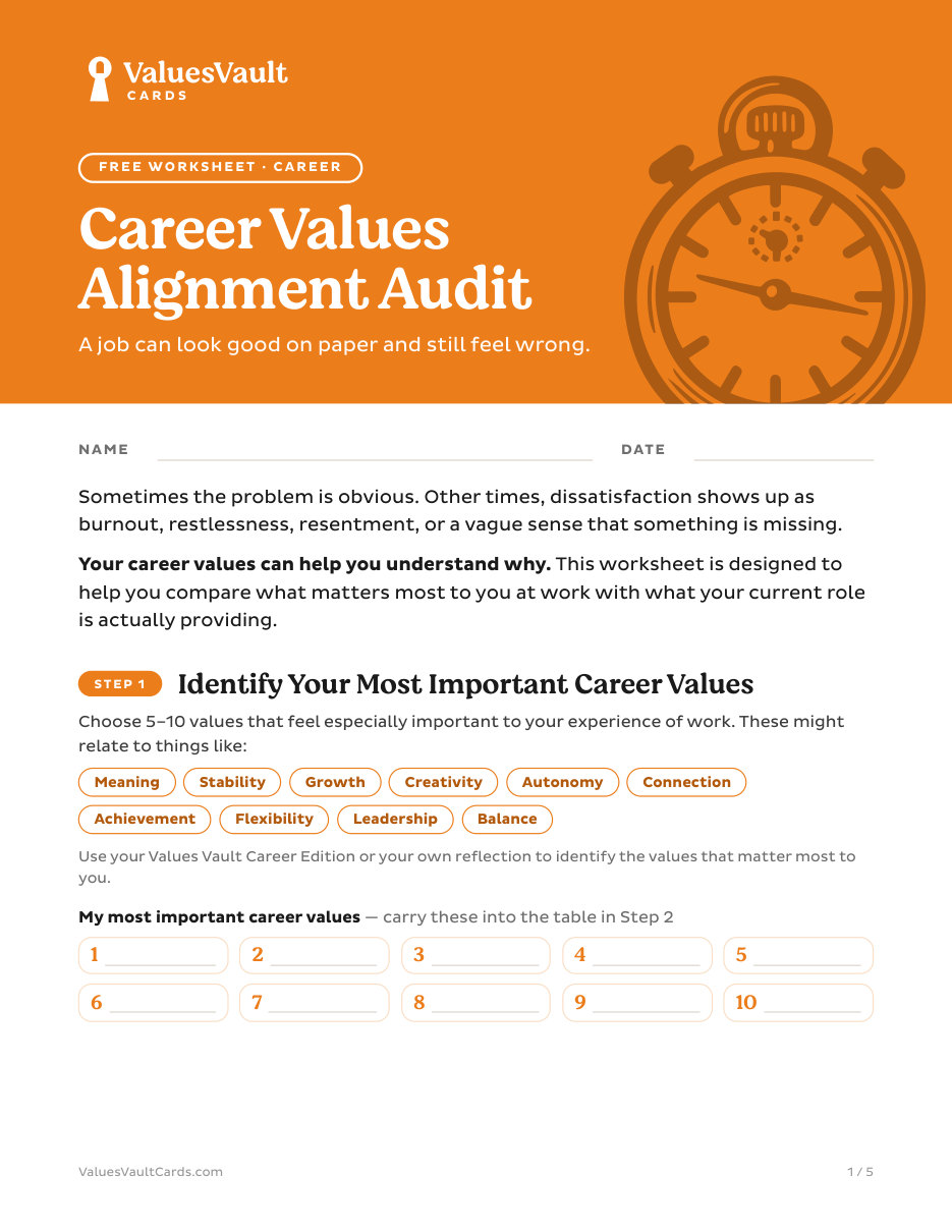 Cover of the Career Values Alignment Audit worksheet
