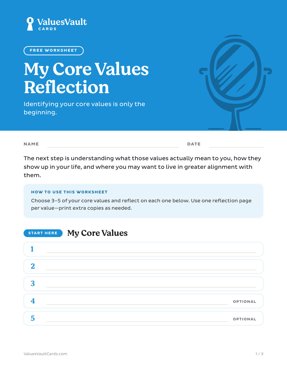 Cover of the My Core Values Reflection worksheet