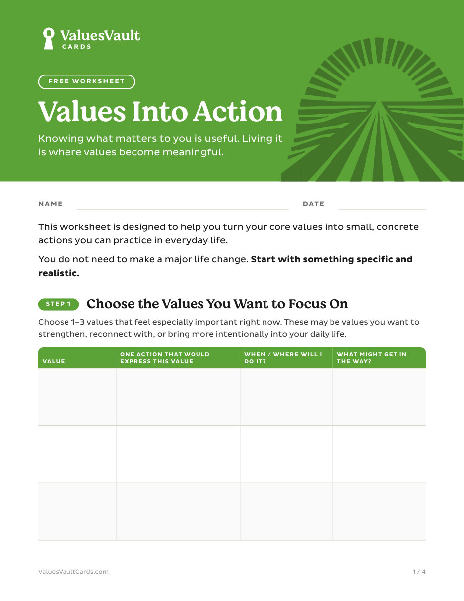 Cover of the Values Into Action worksheet